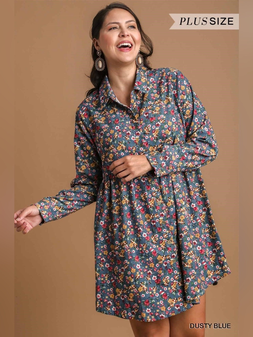 Umgee Floral Corduroy Shirt Dress Green Blue 2X